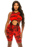 Graffiti Print Romper with Front Twin Ties and Zip - Paelyn Boutique